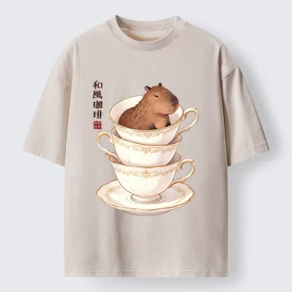 Tokyo-Tiger Japanese Coffee Capybara In A Teacup Washed T-Shirt