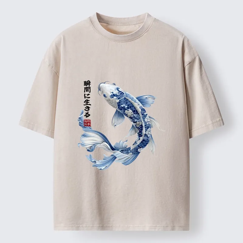 Tokyo-Tiger Blue And White Koi Fish Japanese Art Print Washed T-Shirt Sale