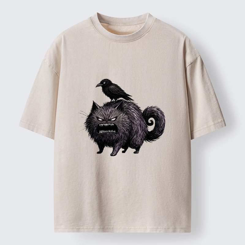 Tokyo-Tiger Angry Black Cat With Crow On Its Back Washed T-Shirt