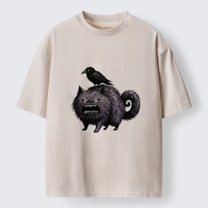 Tokyo-Tiger Angry Black Cat With Crow On Its Back Washed T-Shirt