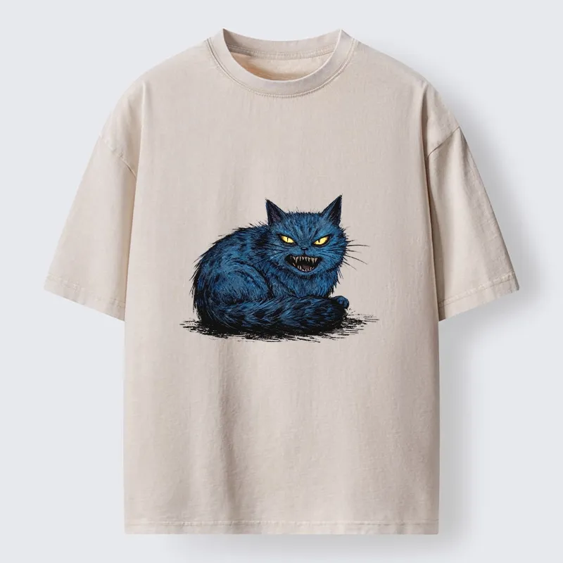 Tokyo-Tiger Fierce Blue Cat With Sharp Teeth Art Washed T-Shirt Sale