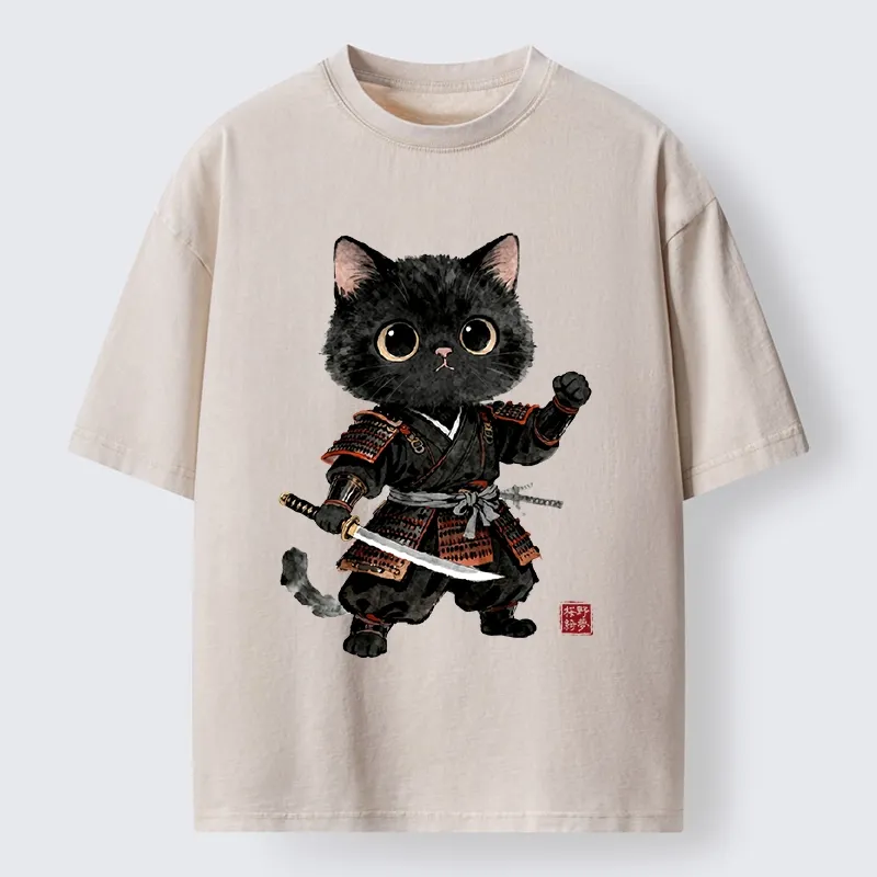 Tokyo-Tiger Samurai Black Cat With Katana Cute Art Washed T-Shirt Sale