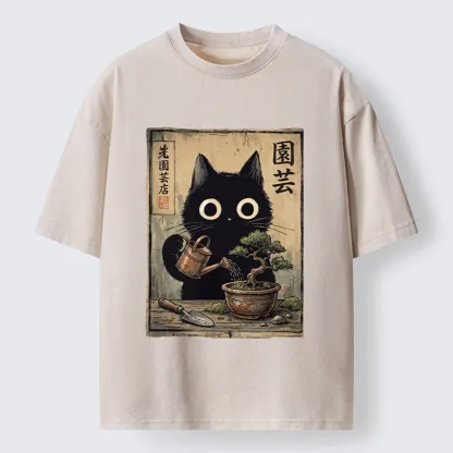 Tokyo-Tiger Black Cat Watering Bonsai Tree Washed T-Shirt