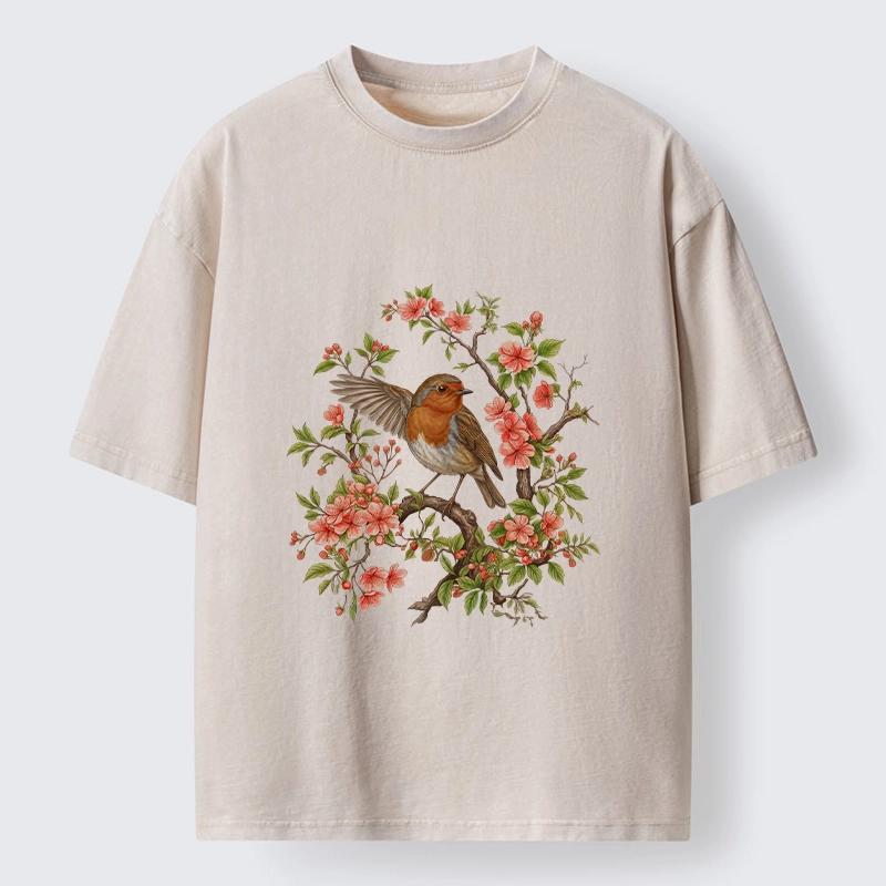 Tokyo-Tiger Beautiful Robin And Spring Flowers Washed T-Shirt