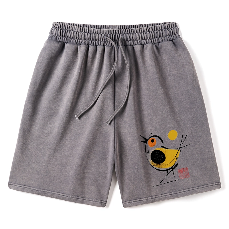 Tokyo-Tiger Aesthetic Yellow And Black Bird Washed Shorts