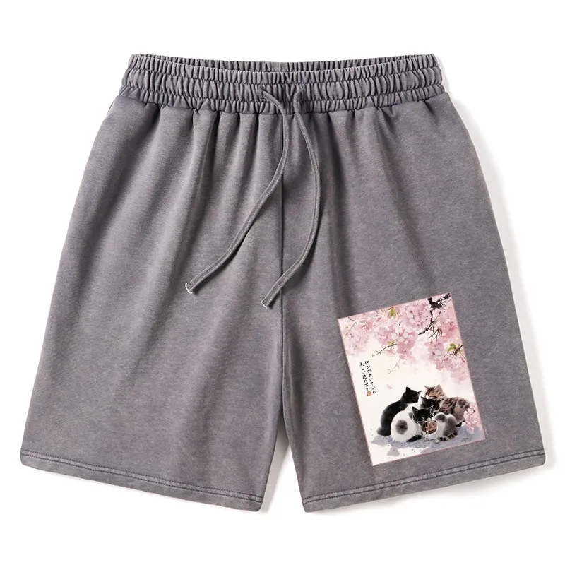 Tokyo-Tiger Cute Cats Sakura Garden Washed Shorts