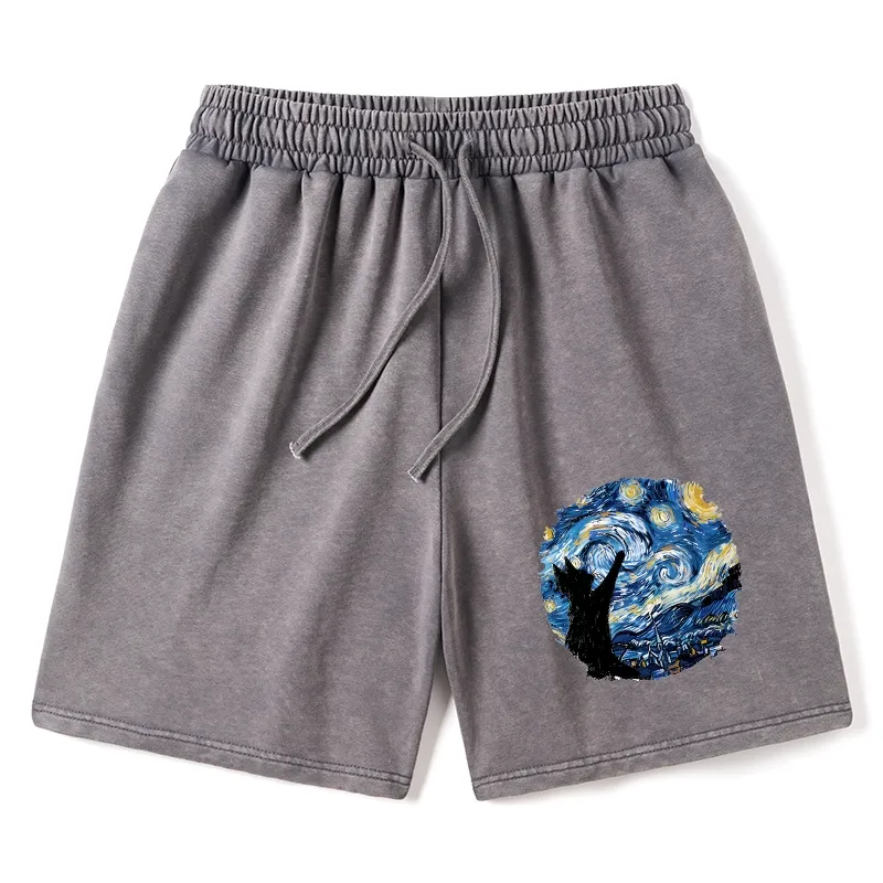Tokyo-Tiger Starry Night Black Cat Washed Shorts