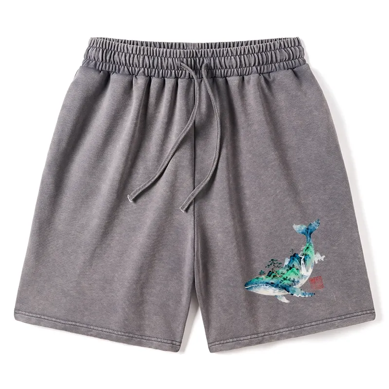 Tokyo-Tiger Whale Ink Painting Landscape Washed Shorts