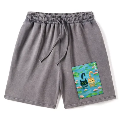 Tokyo-Tiger Cats In The Lotus Pond Washed Shorts
