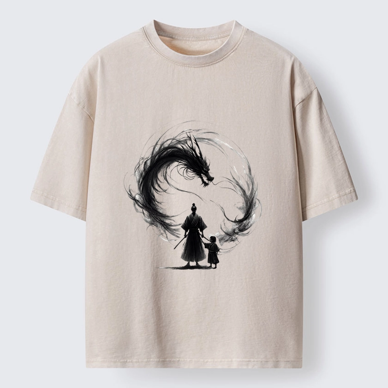 Tokyo-Tiger Samurai And Dragon Fatherhood Washed T-Shirt