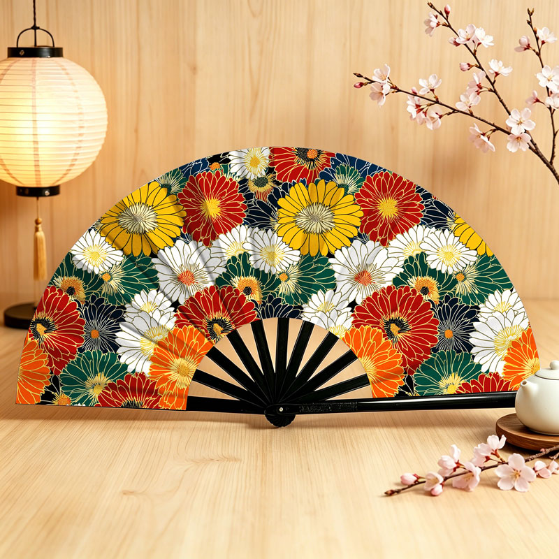 Tokyo-Tiger Colorful Chrysanthemums Hand Fan