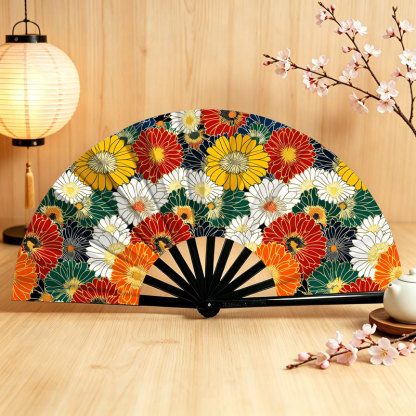 Tokyo-Tiger Colorful Chrysanthemums Hand Fan