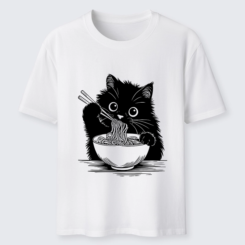 Tokyo-Tiger Black Cat Eating Ramen Funny Line Art Classic T-Shirt
