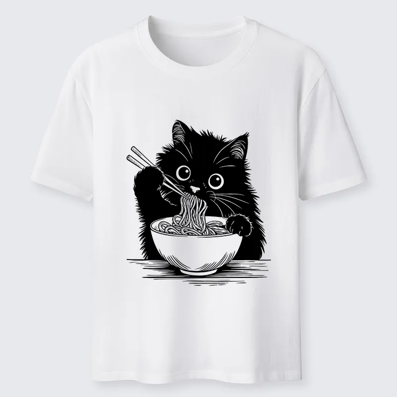 Tokyo-Tiger Black Cat Eating Ramen Funny Line Art Classic T-Shirt Sale