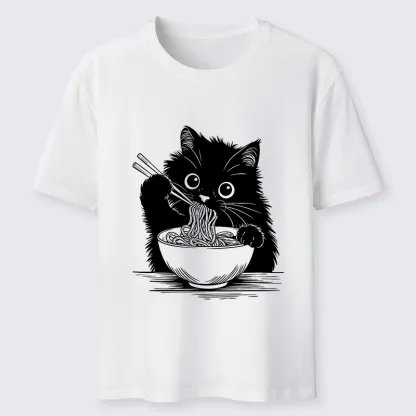 Tokyo-Tiger Black Cat Eating Ramen Funny Line Art Classic T-Shirt