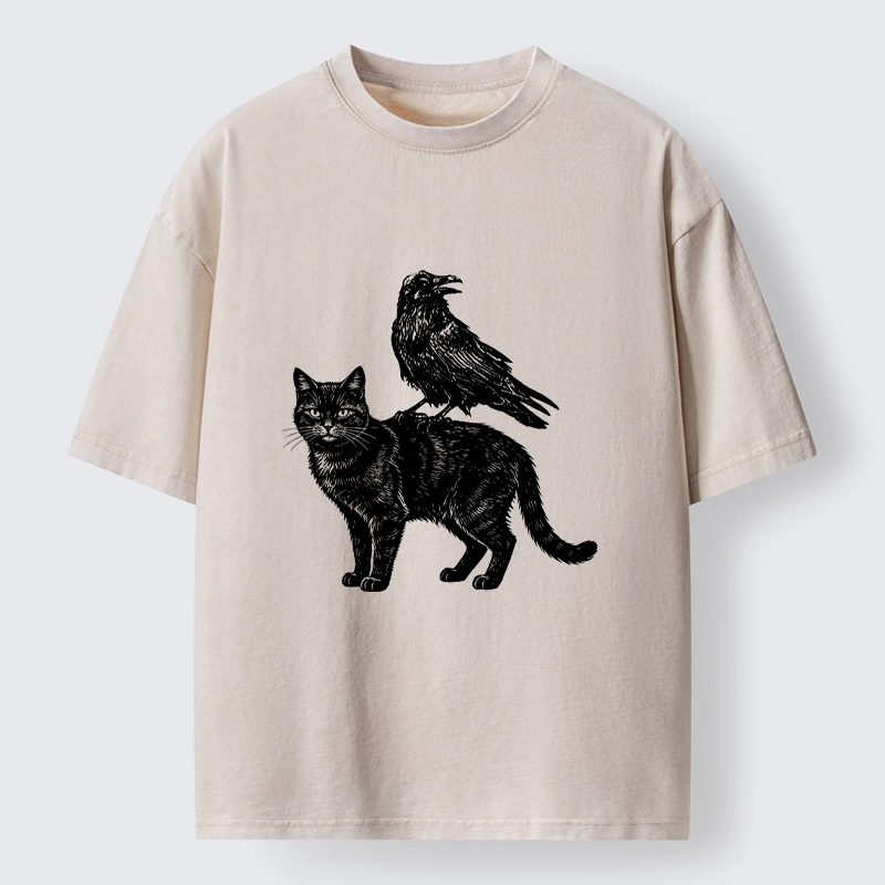 Tokyo-Tiger Funny Meme About Spooky Cat And Crow Washed T-Shirt