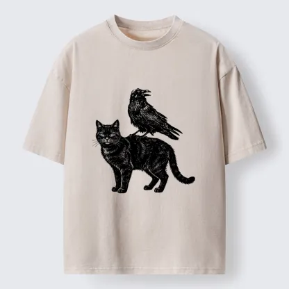 Tokyo-Tiger Funny Meme About Spooky Cat And Crow Washed T-Shirt