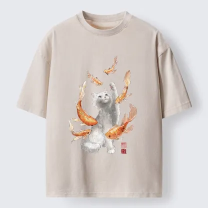 Tokyo-Tiger Fluffy Cat Chasing Koi Fish Dreams Washed T-Shirt