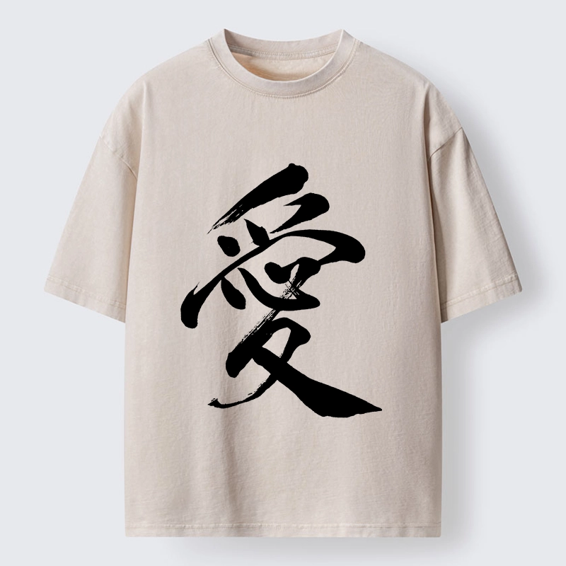 Tokyo-Tiger Japanese Kanji Love In Brush Strokes Washed T-Shirt