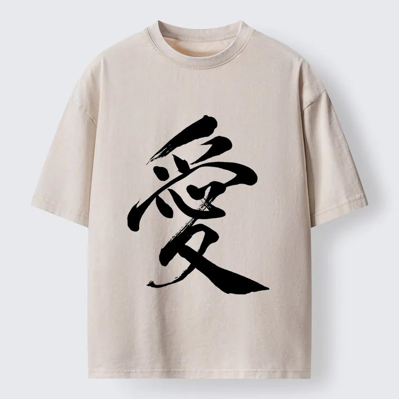 Tokyo-Tiger Japanese Kanji Love In Brush Strokes Washed T-Shirt