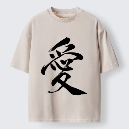 Tokyo-Tiger Japanese Kanji Love In Brush Strokes Washed T-Shirt