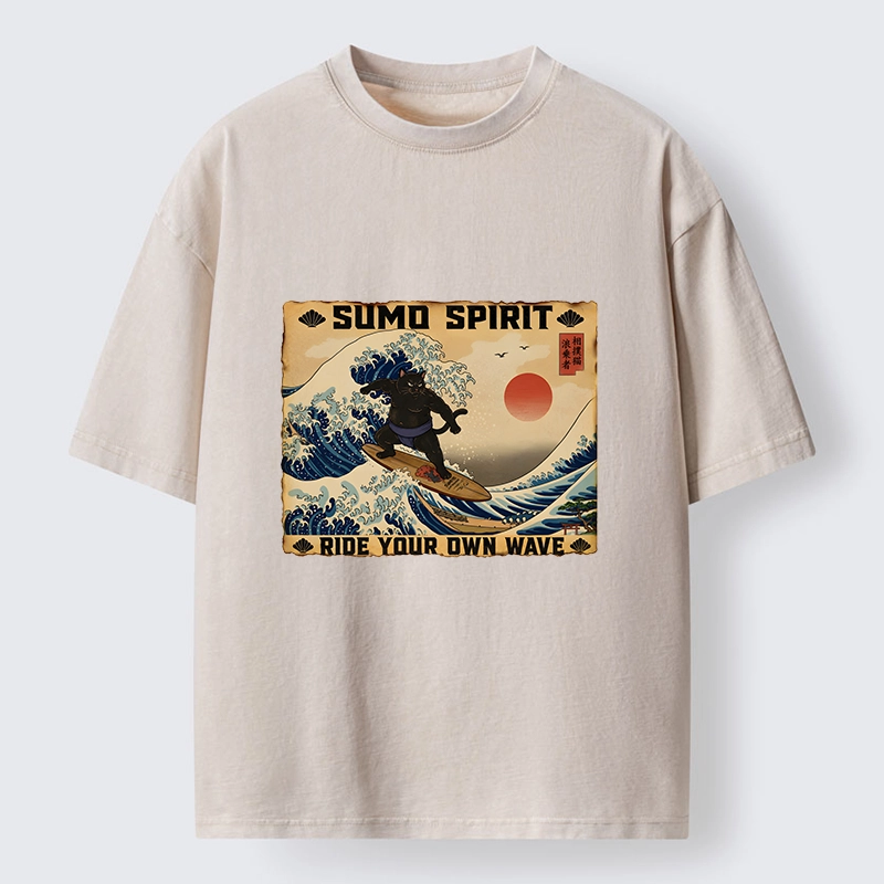 Tokyo-Tiger Sumo Cat Riding Its Own Wave Washed T-Shirt
