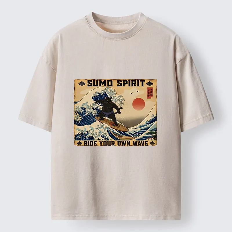 Tokyo-Tiger Sumo Cat Riding Its Own Wave Washed T-Shirt
