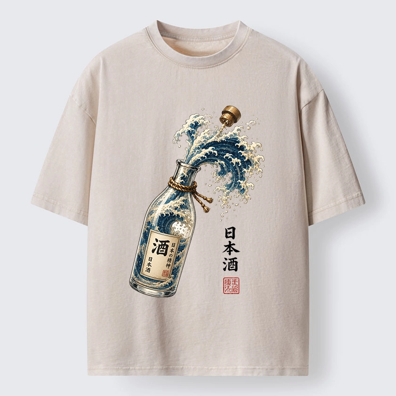 Tokyo-Tiger Ocean Wave Poured From A Sake Bottle Washed T-Shirt