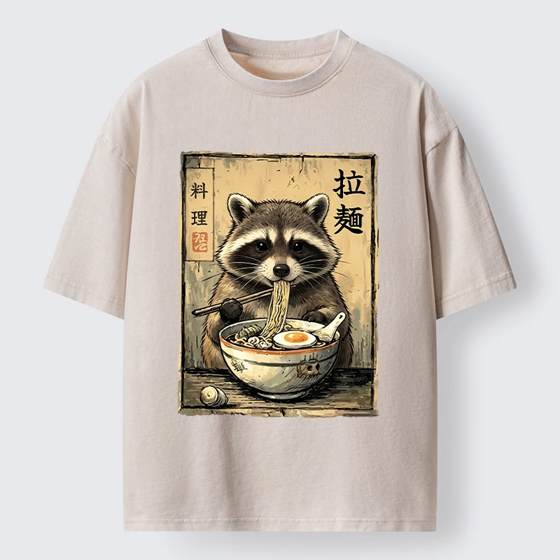 Tokyo-Tiger Raccoon Eating Ramen And Loving It Washed T-Shirt