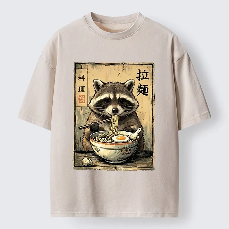Tokyo-Tiger Raccoon Eating Ramen And Loving It Washed T-Shirt