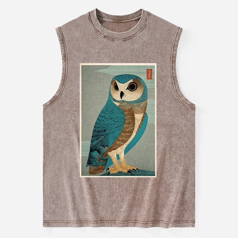 Tokyo-Tiger Vintage Owl Woodblock Art Washed Tank
