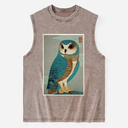 Tokyo-Tiger Vintage Owl Woodblock Art Washed Tank