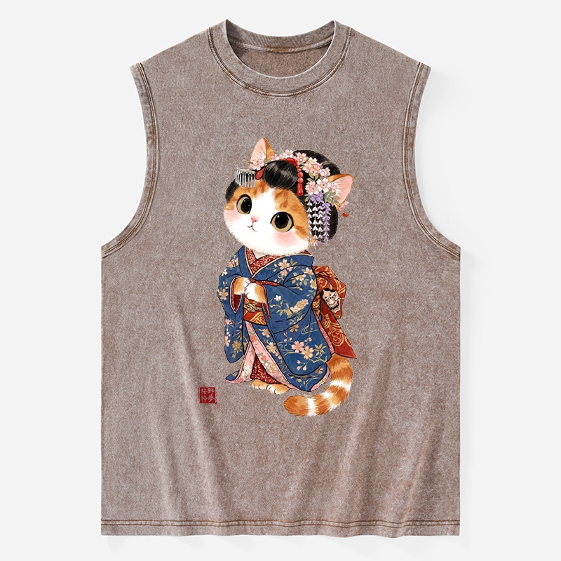 Tokyo-Tiger Cat Dressed As A Geisha Funny Washed Tank