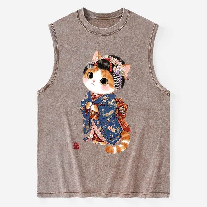 Tokyo-Tiger Cat Dressed As A Geisha Funny Washed Tank