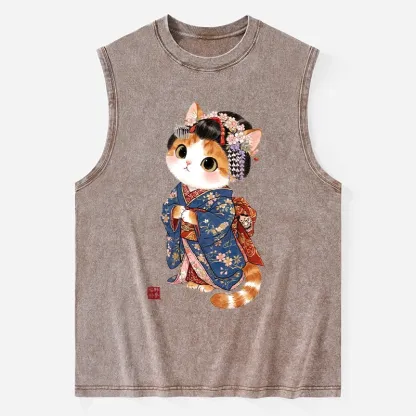 Tokyo-Tiger Cat Dressed As A Geisha Funny Washed Tank