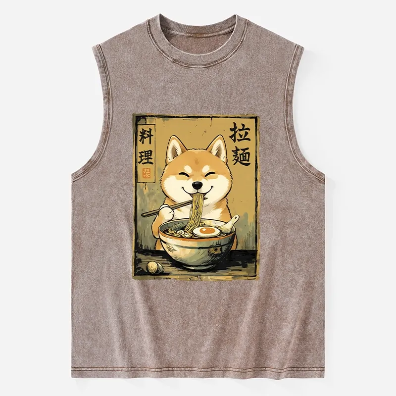 Tokyo-Tiger Happy Shiba Eating Ramen Washed Tank