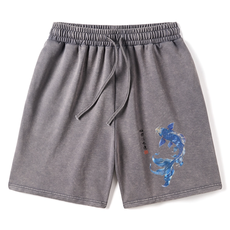 Tokyo-Tiger Lucky Blue Koi Fish Art Washed Shorts
