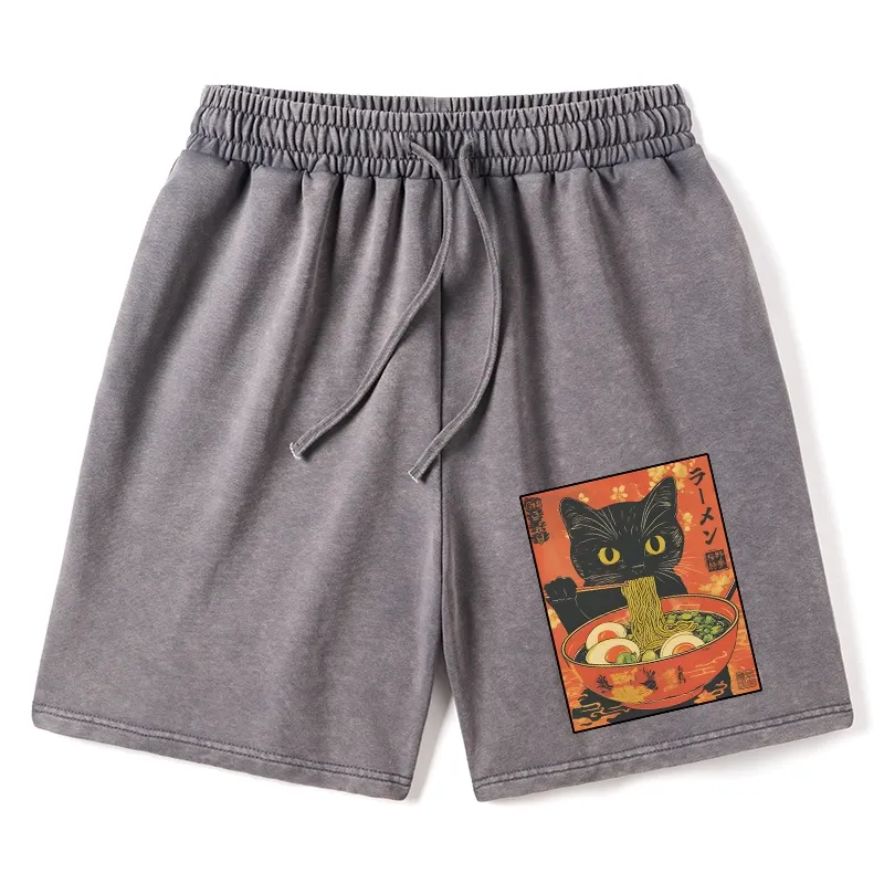 Tokyo-Tiger Hungry Black Cat Loves Ramen Washed Shorts Sale