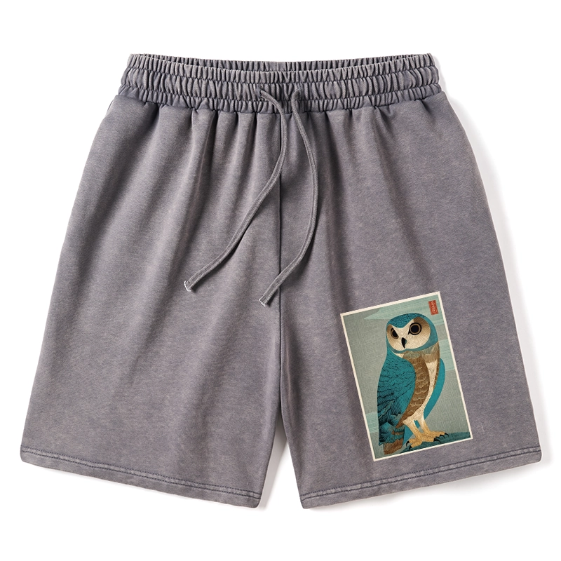 Tokyo-Tiger Vintage Owl Woodblock Art Washed Shorts