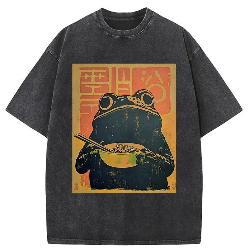 Tokyo-Tiger Retro Frog Eating Ramen Washed T-Shirt