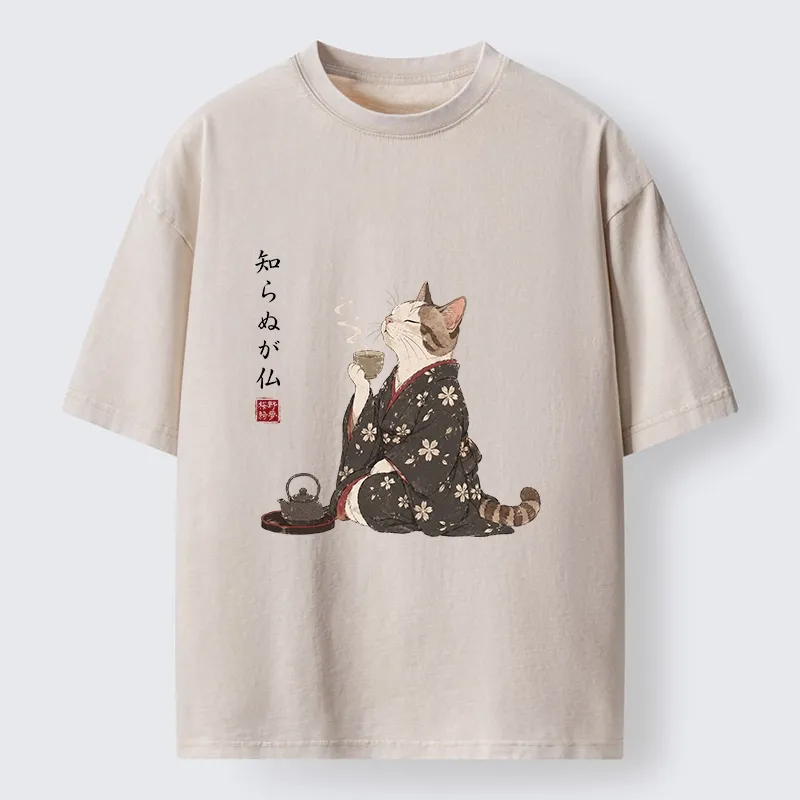Tokyo-Tiger Zen Cat Drinking Tea In A Kimono Washed T-Shirt Sale