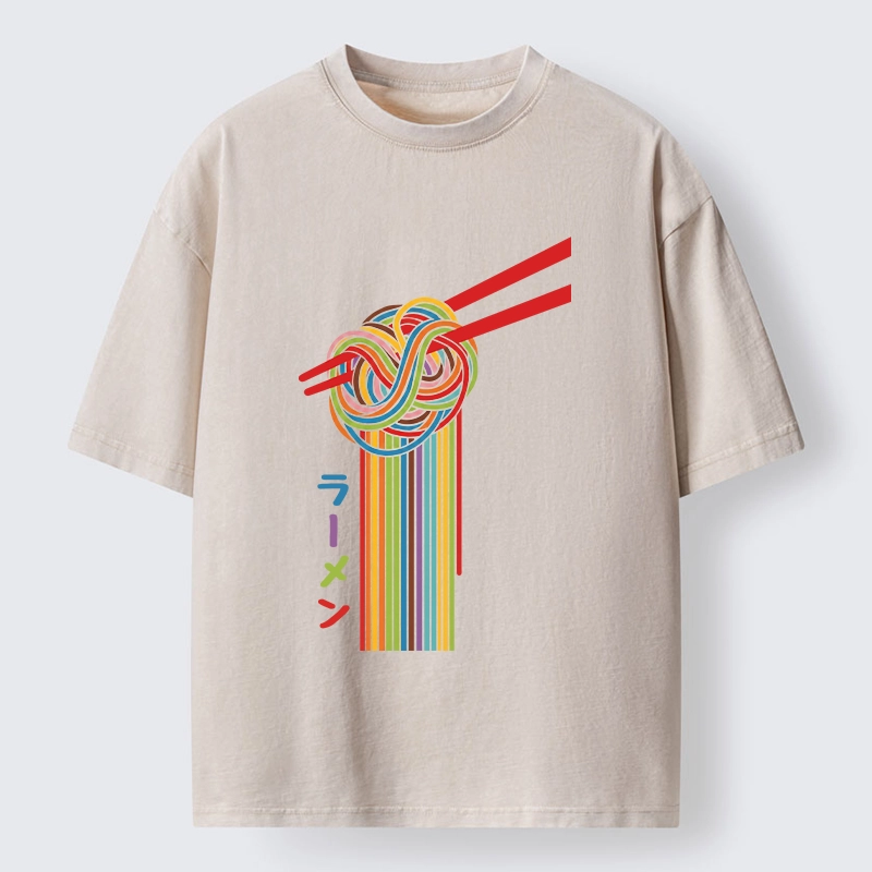 Tokyo-Tiger Colorful Noodles On Red Chopsticks Washed T-Shirt