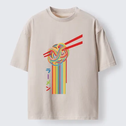 Tokyo-Tiger Colorful Noodles On Red Chopsticks Washed T-Shirt