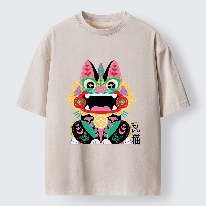 Tokyo-Tiger Colorful Meme Cat With Folk Style Washed T-Shirt