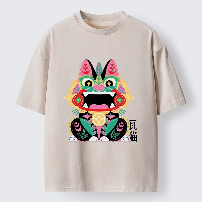 Tokyo-Tiger Colorful Meme Cat With Folk Style Washed T-Shirt