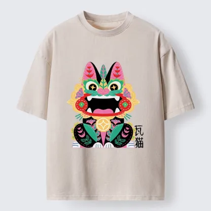 Tokyo-Tiger Colorful Meme Cat With Folk Style Washed T-Shirt