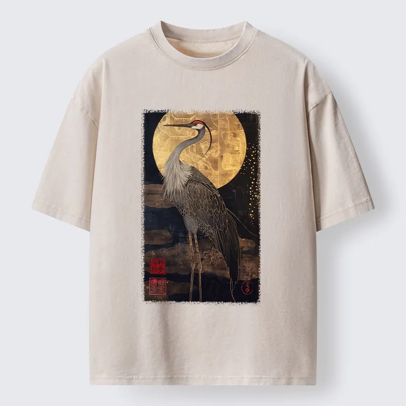 Tokyo-Tiger Golden Crane Under The Full Moon Washed T-Shirt