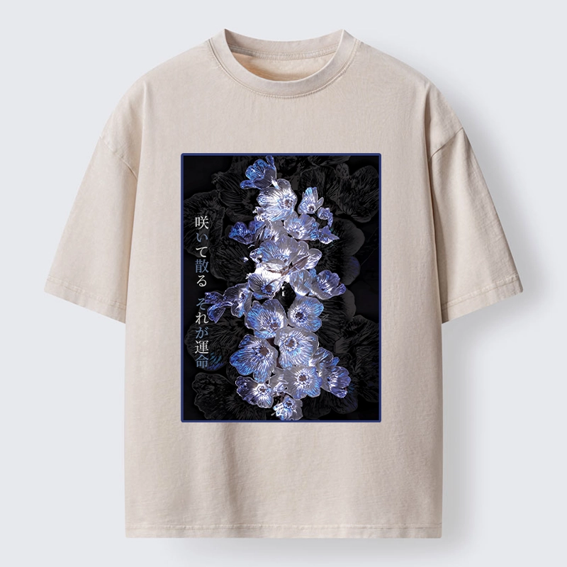 Tokyo-Tiger Glowing Blue Flowers In The Dark Washed T-Shirt