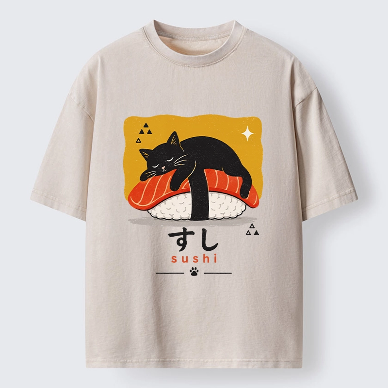 Tokyo-Tiger Black Cat Napping On Salmon Sushi Washed T-Shirt