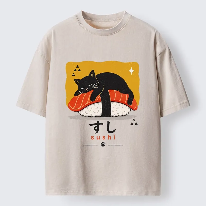 Tokyo-Tiger Black Cat Napping On Salmon Sushi Washed T-Shirt Sale